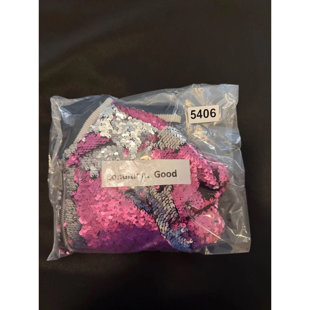 Kids Pink Silver Flip Sequin Bomber Jacket Full Zip Striped Trim Sparkly Coat